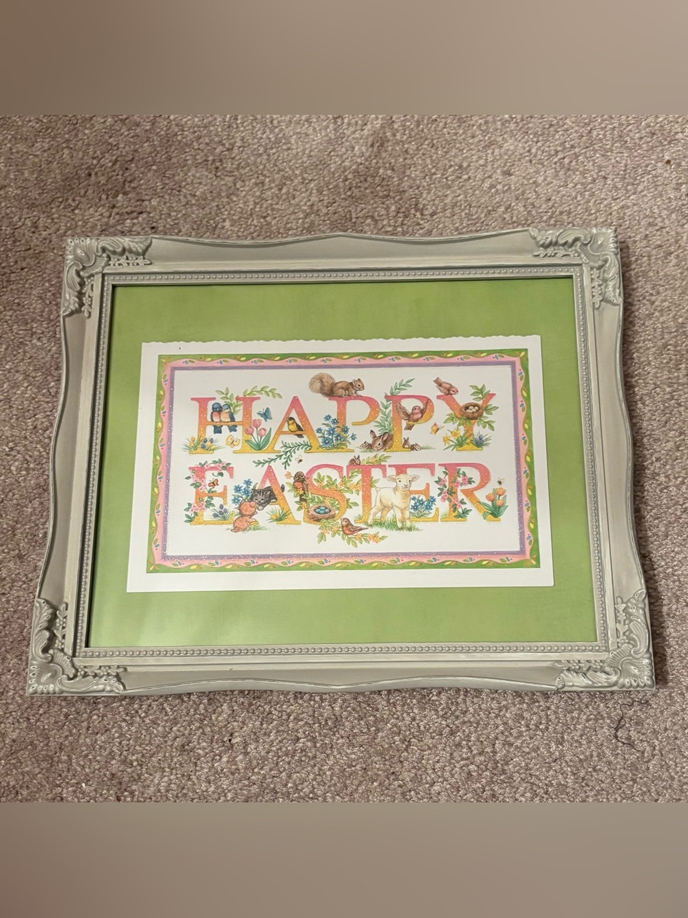 Framed "Happy Easter" Floral Print in Green Mat